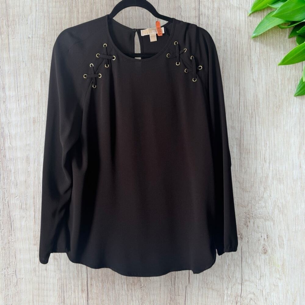 Michael Michael Kors black blouse with cross cross shoulder accent, size large